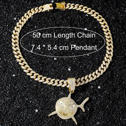 Big Size Shark Iced Out Pendant With 13mm Rhinestone Necklace