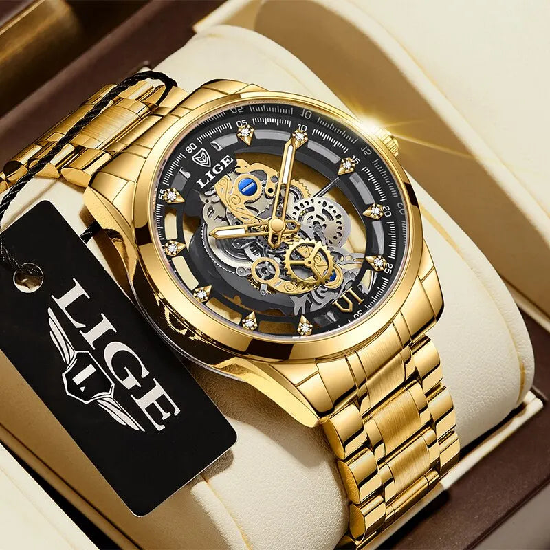 LIGE Quality Luxury Stainless Steel Skeleton Quartz Watch Gold