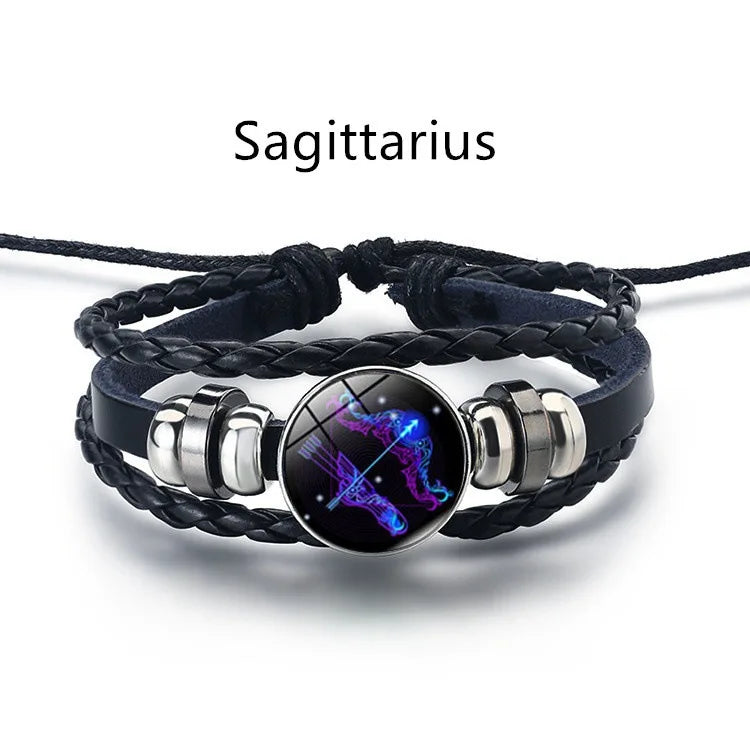 12 Constellation Zodiac Sign Black Braided Leather Bracelet