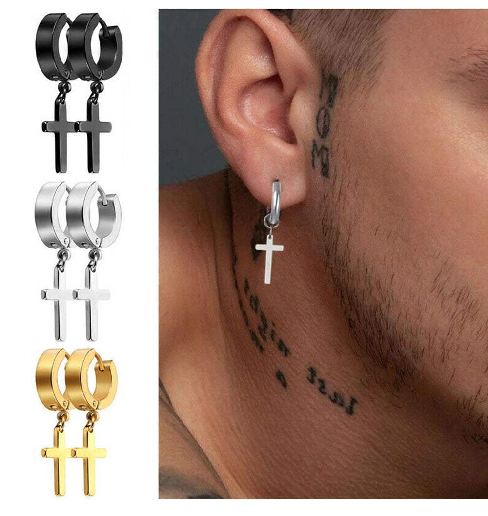 2pc Stainless Steel Cross Hoop Earrings In Gold, Silver & Black