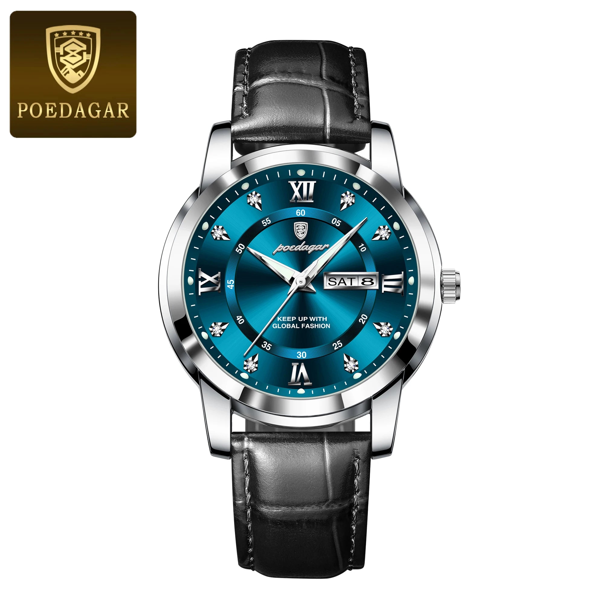 POEDAGAR Quality Luxury Leather band Quartz Watch - Waterproof, Luminous, Date + week And Box