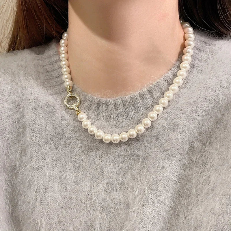 French Elegant Necklace For Women - Zircon Round Buckle Imitation Pearl Beaded Necklace