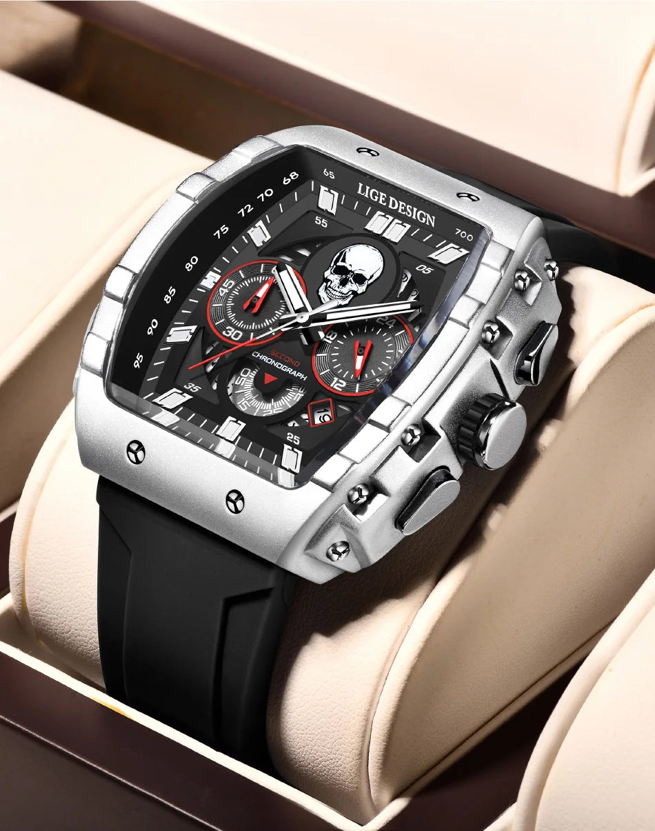 LIGE Quality Luxurious Chronograph Skull watch with Silicone Strap - Luminous, Chronograph, Quartz Clockwork With Box