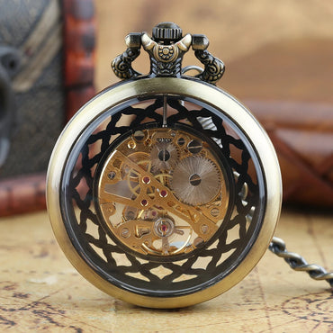 YISUYA Luxurious & Elegant Steampunk Style Glass Transparent Hand Wind Mechanical Pocket Watch with Chain