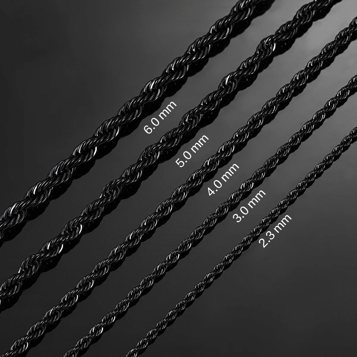 2.3mm/3mm/4mm/5mm/6mm Black Color Stainless Steel Twisted Rope Chains  16 to 30 Inches Necklace