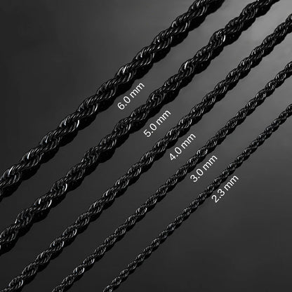 2.3mm/3mm/4mm/5mm/6mm Black Color Stainless Steel Twisted Rope Chains  16 to 30 Inches Necklace