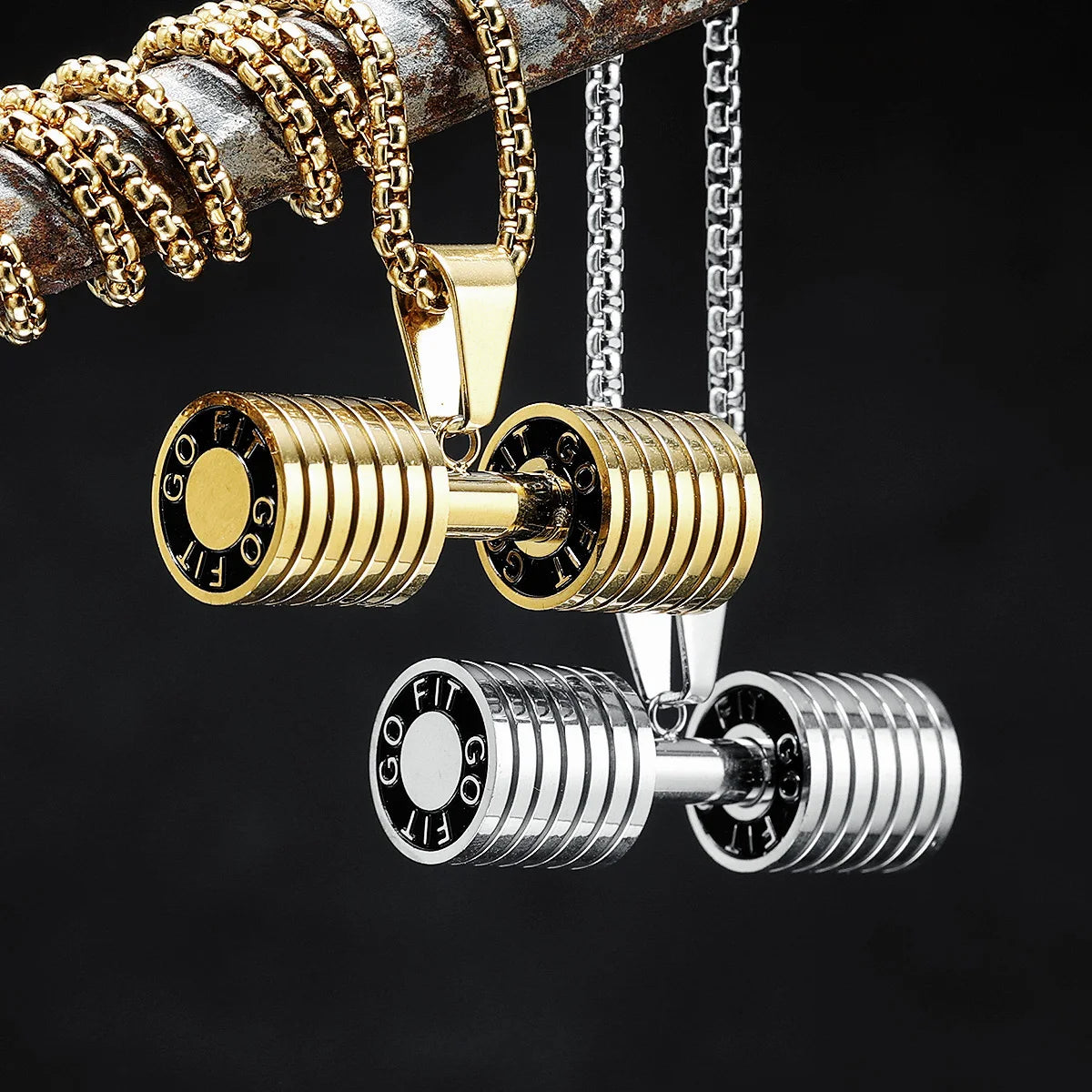 Metal Town Dumbbell Pendant Gold & Silver Steel Chain Necklace