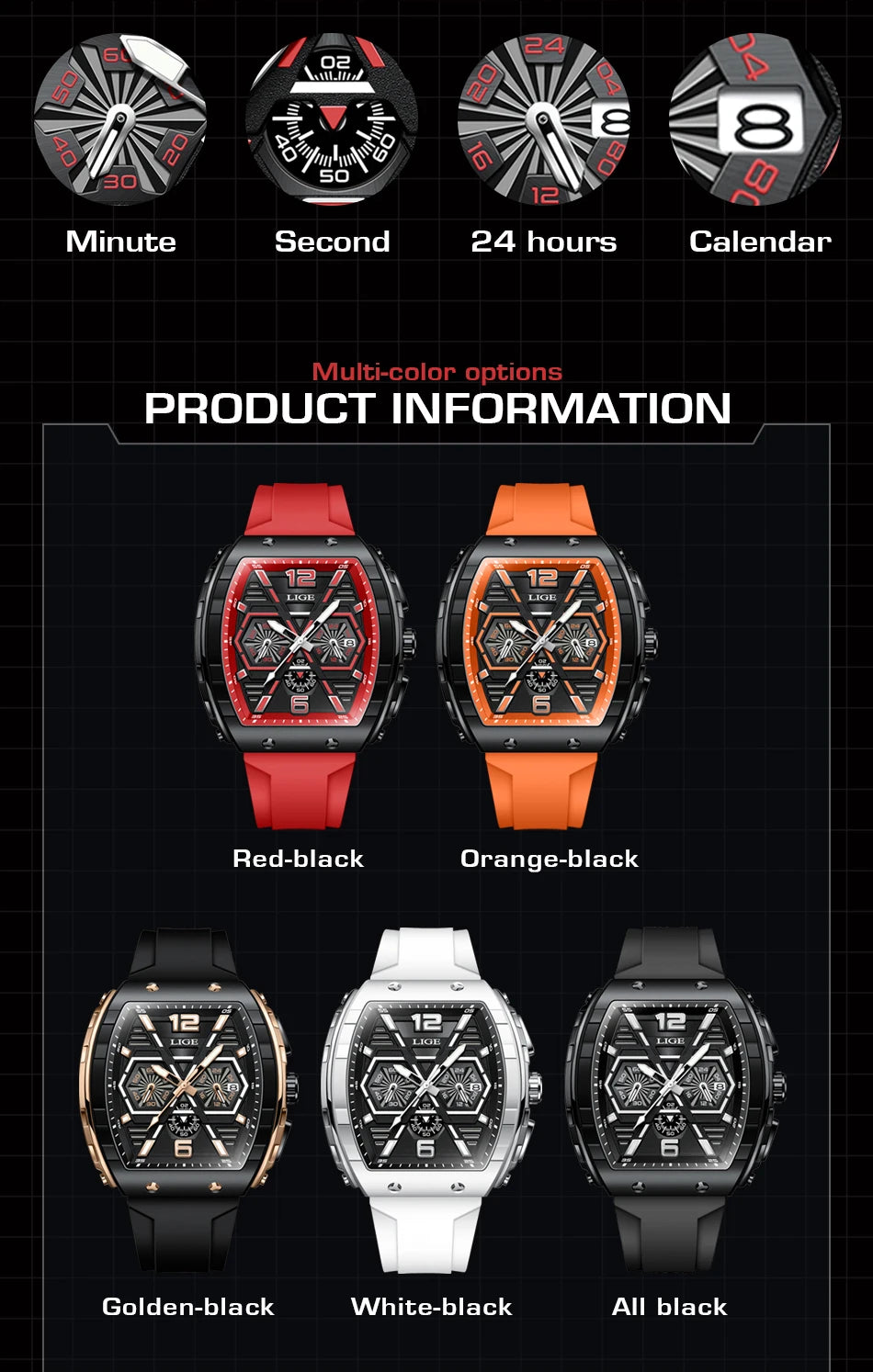 LIGE Quality Luxurious Chronograph Watch - Silicone strap - Quartz Clockwork, Waterproof With Box