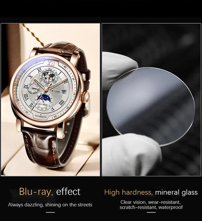 LIGE TW8820 Quality Luxurious Mechanical Leather Belt Watch Waterproof Mechanical - Moon Phase And Automatic With Box