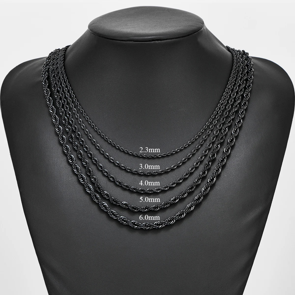 2.3mm/3mm/4mm/5mm/6mm Black Color Stainless Steel Twisted Rope Chains  16 to 30 Inches Necklace