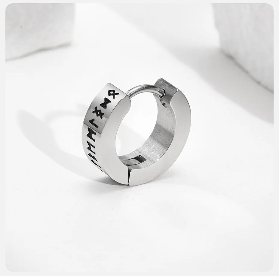 Vnox Norse Viking Runes 13mm Stainless Steel Hoop Earrings In Silver & Black