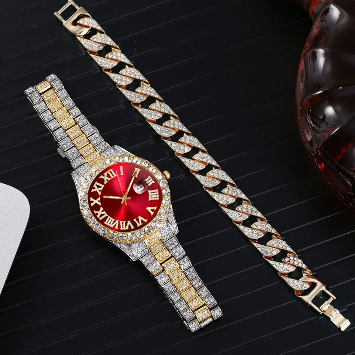 2pcs Luxury style Diamond Wristwatch with Quartz clockwork and Bracelet set