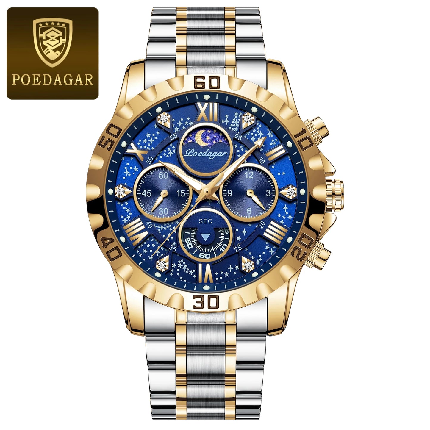 POEDAGAR Luxury Men Stainless Steel Quartz Watch - Waterproof, Luminous, Date&Week