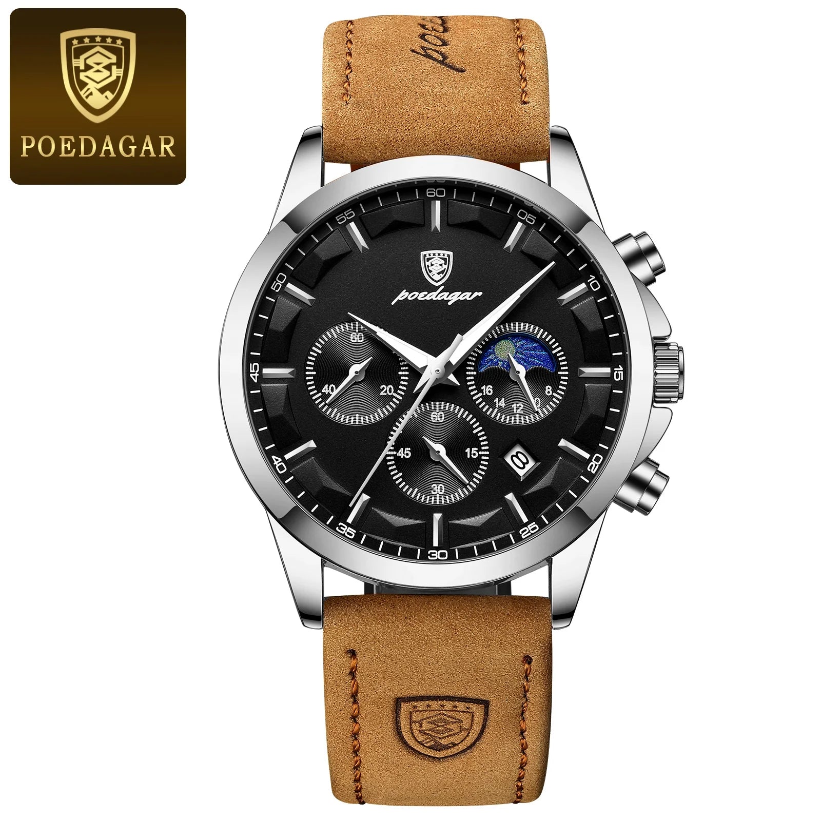 POEDAGAR Luxury leather band Quartz Chronograph Watch - Waterproof, Luminous, Date And Box