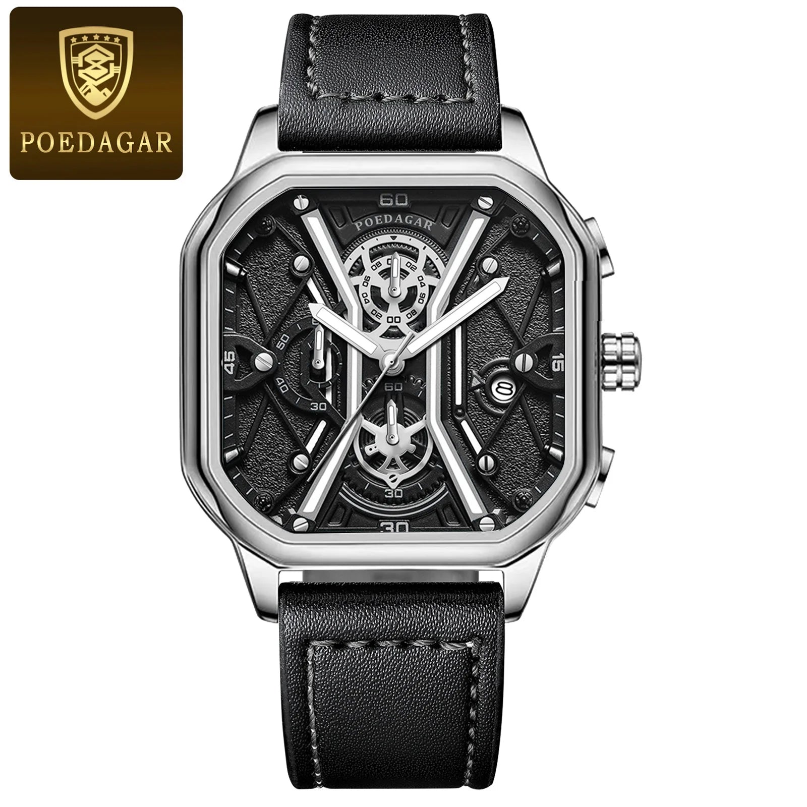 POEDAGAR Luxury Stainless Steel & Leather Chronograph Quartz Watch - Luminous, Waterproof, Date And Box