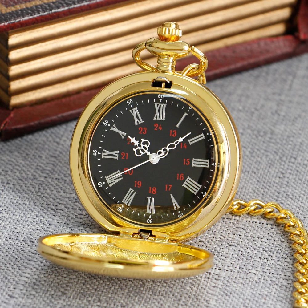 Number Dial - Smooth steel Quartz Pocket Watch Vintage number dial Pocket & Necklace watch pendant (37CM Fob Chain)