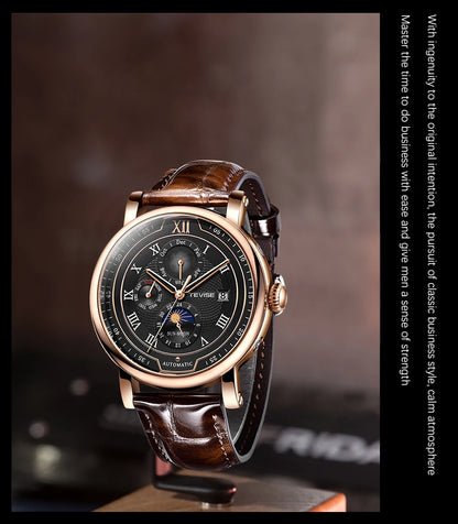 LIGE TW8820 Quality Luxurious Mechanical Leather Belt Watch Waterproof Mechanical - Moon Phase And Automatic With Box