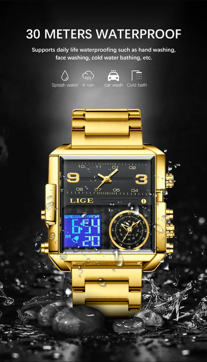 LIGE Quality Luxury Stainless Steel Gold Watch - Quartz Clockwork, Waterproof, Dual Display With Box