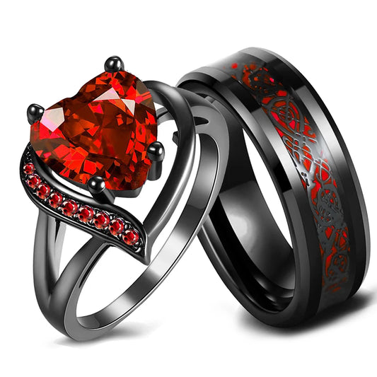 Romantic Stainless Steel Couple Rings With Red Rhinestones Zircon