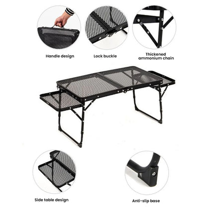 Outdoor Portable Iron Mesh Folding Table With Lifting Extention Shelf