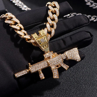 PEZDEMAR Iced Out Crystal M16 Gun Pendant With Chain Or Cuban Necklace