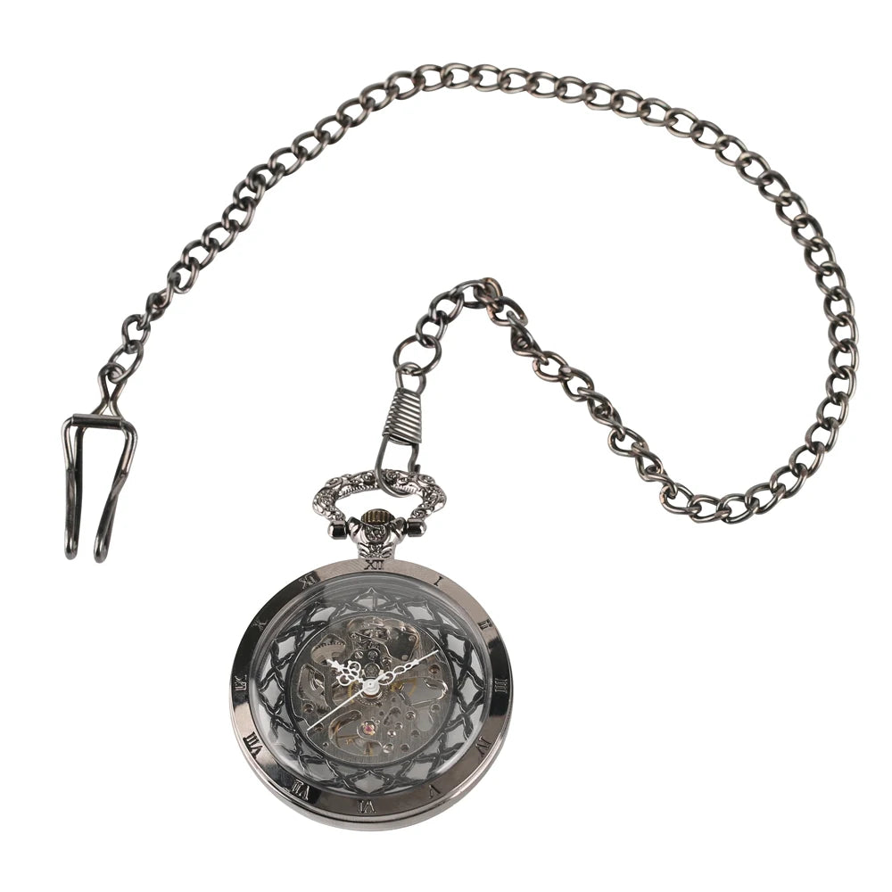 YISUYA Luxurious & Elegant Steampunk Style Glass Transparent Hand Wind Mechanical Pocket Watch with Chain