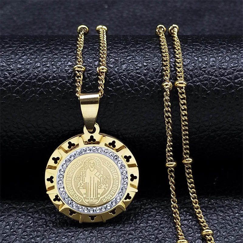 Catholic Saint Benedict Medal Pedant With Stainless Steel Gold & Silver Color Necklace