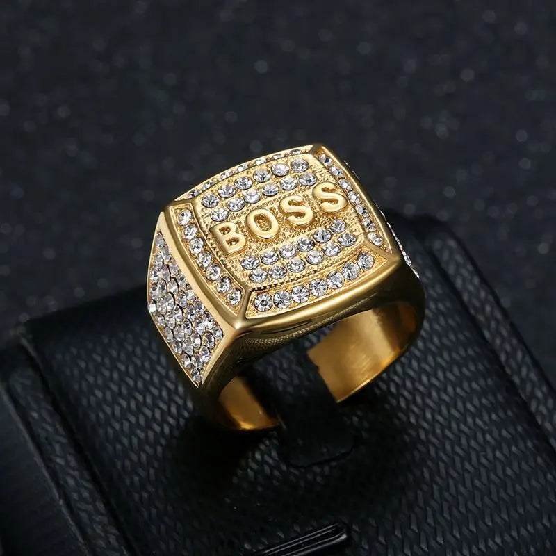 KeloKang Bling Iced Out Stainless Steel BOSS Gold & Silver Colour Ring