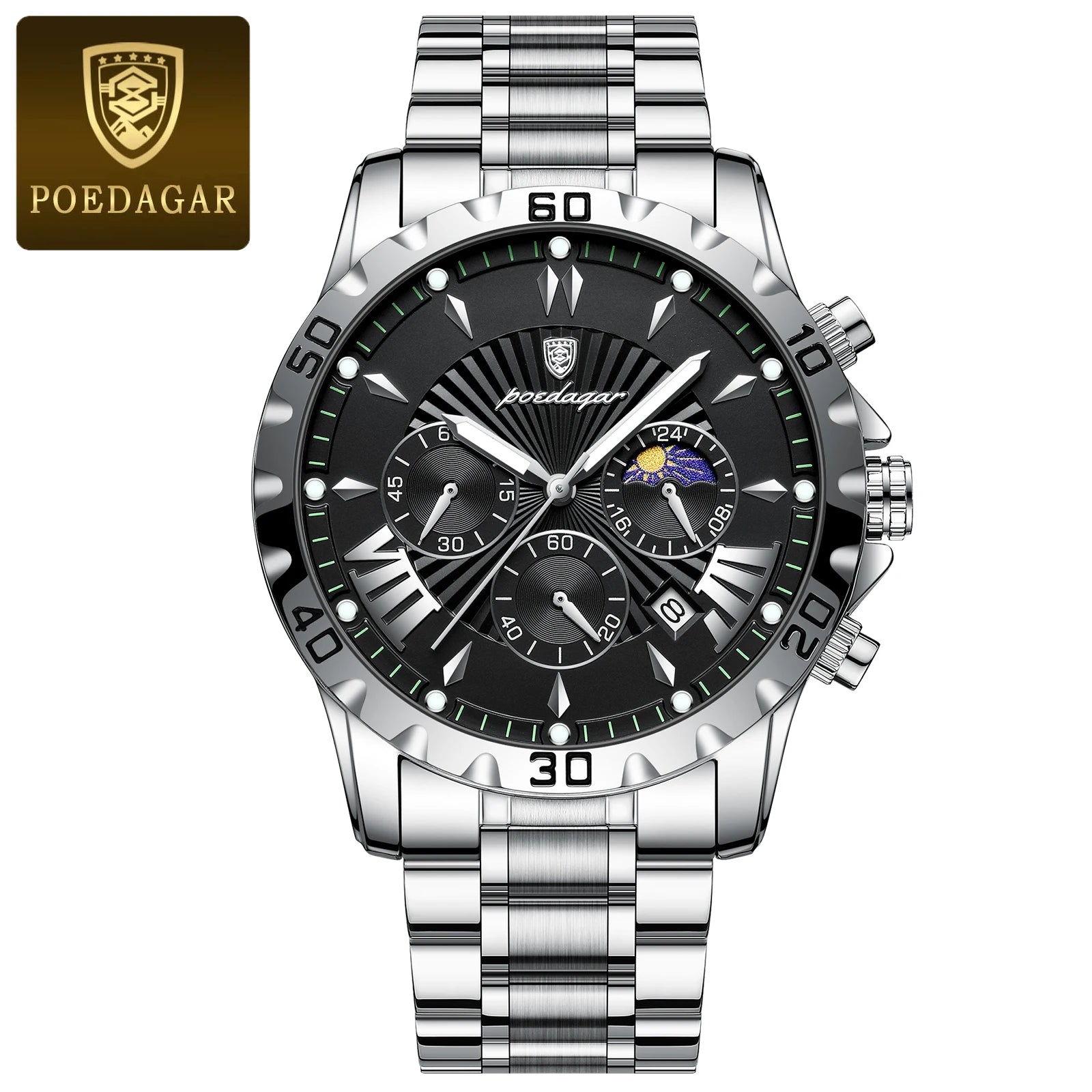 POEDAGAR Luxury Stainless Steel Quartz Chronograph Watch - Waterproof, Luminous, Date And Box