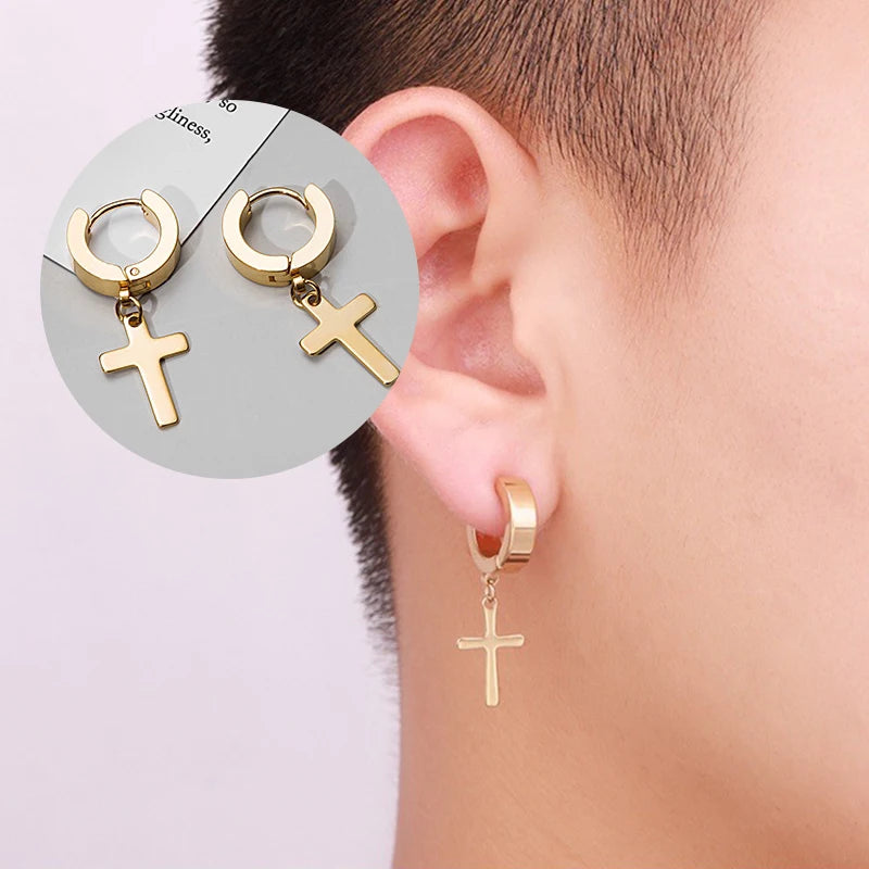 2pc Stainless Steel Cross Hoop Earrings In Gold, Silver & Black