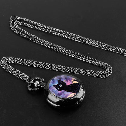 Exquisite Black Cat Glass Dome Quartz Pocket Watch