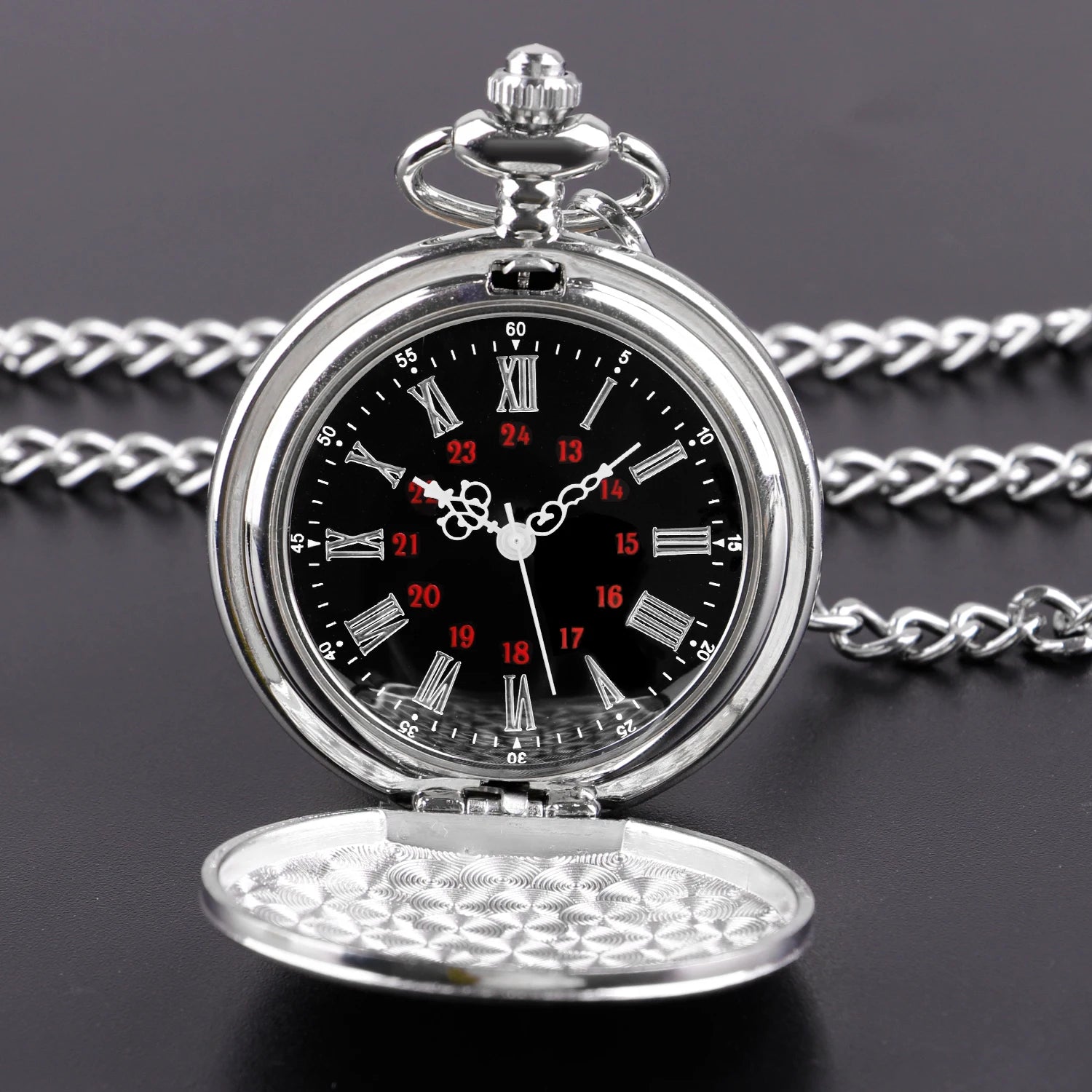 Number Dial - Smooth steel Quartz Pocket Watch Vintage number dial Pocket & Necklace watch pendant (37CM Fob Chain)