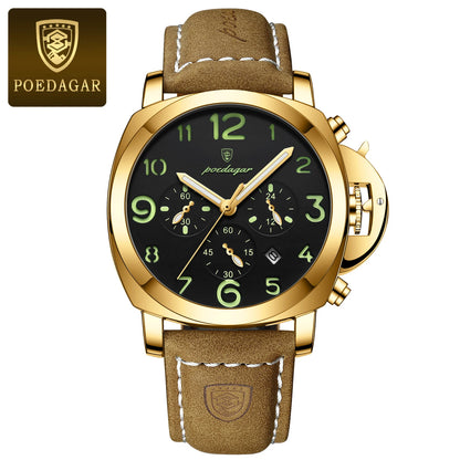 POEDAGAR Luxury Leather Chronograph Quartz Watch - Luminous, Waterproof, Date And Box