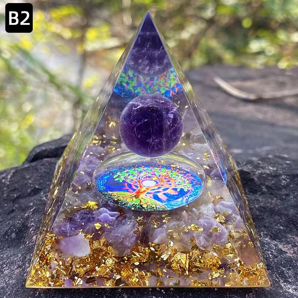 6cm Pyramid Orgonite With Natural Amethyst Ball For Decoration and Healing Chakra.