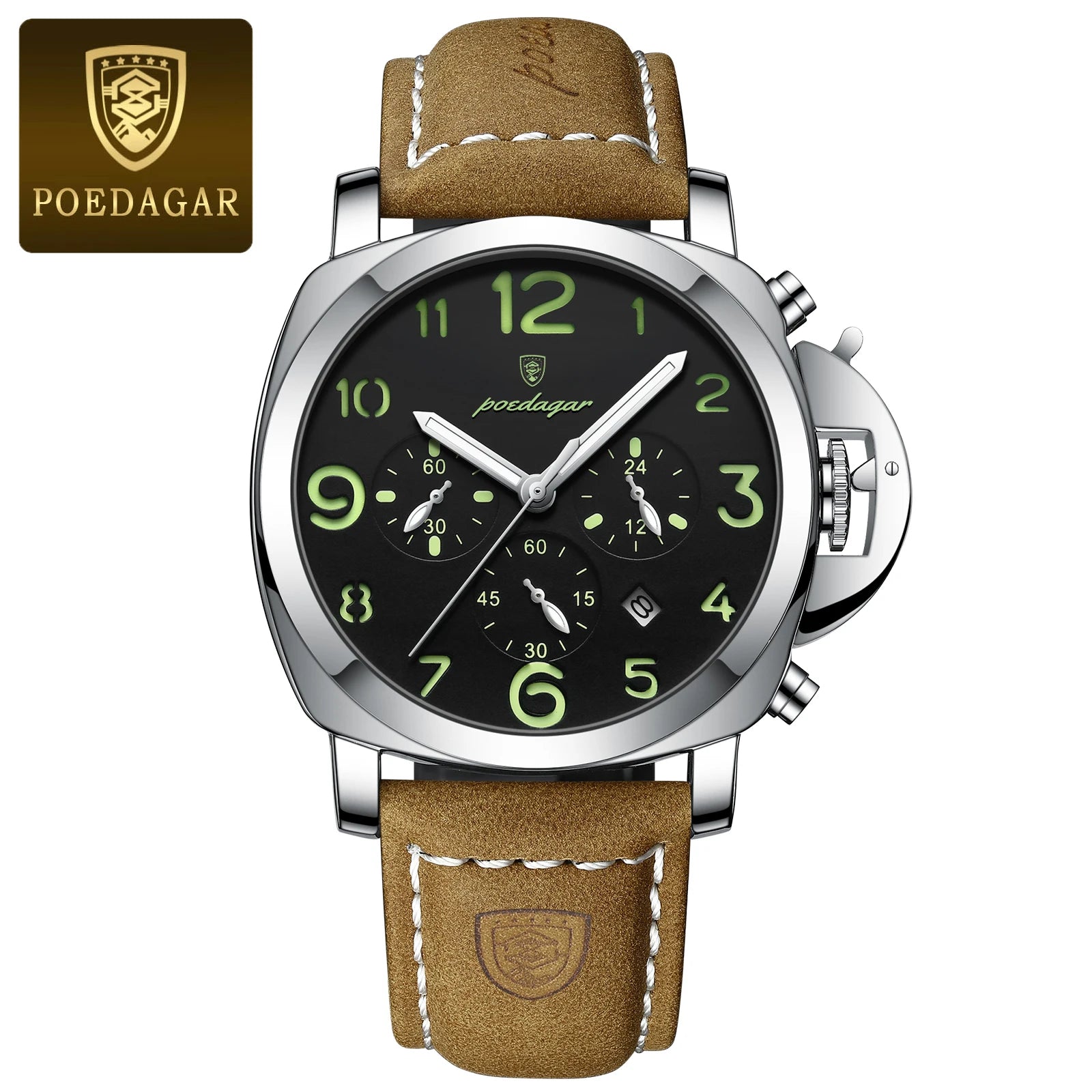 POEDAGAR Luxury Leather Chronograph Quartz Watch - Luminous, Waterproof, Date And Box