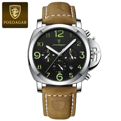 POEDAGAR Luxury Leather Chronograph Quartz Watch - Luminous, Waterproof, Date And Box