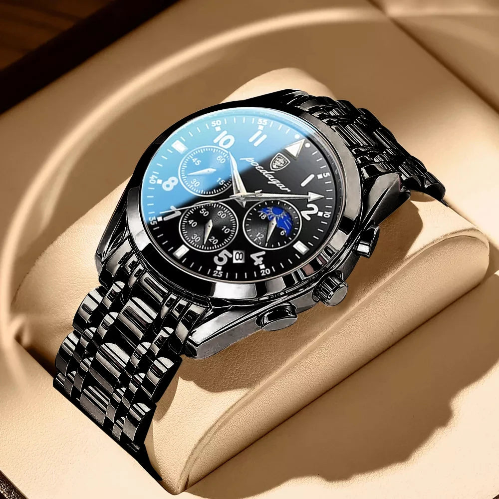 POEDAGAR Luxury Stainless Steel & Leather Chronograph Quartz Watch - Luminous, Waterproof, Date And Box