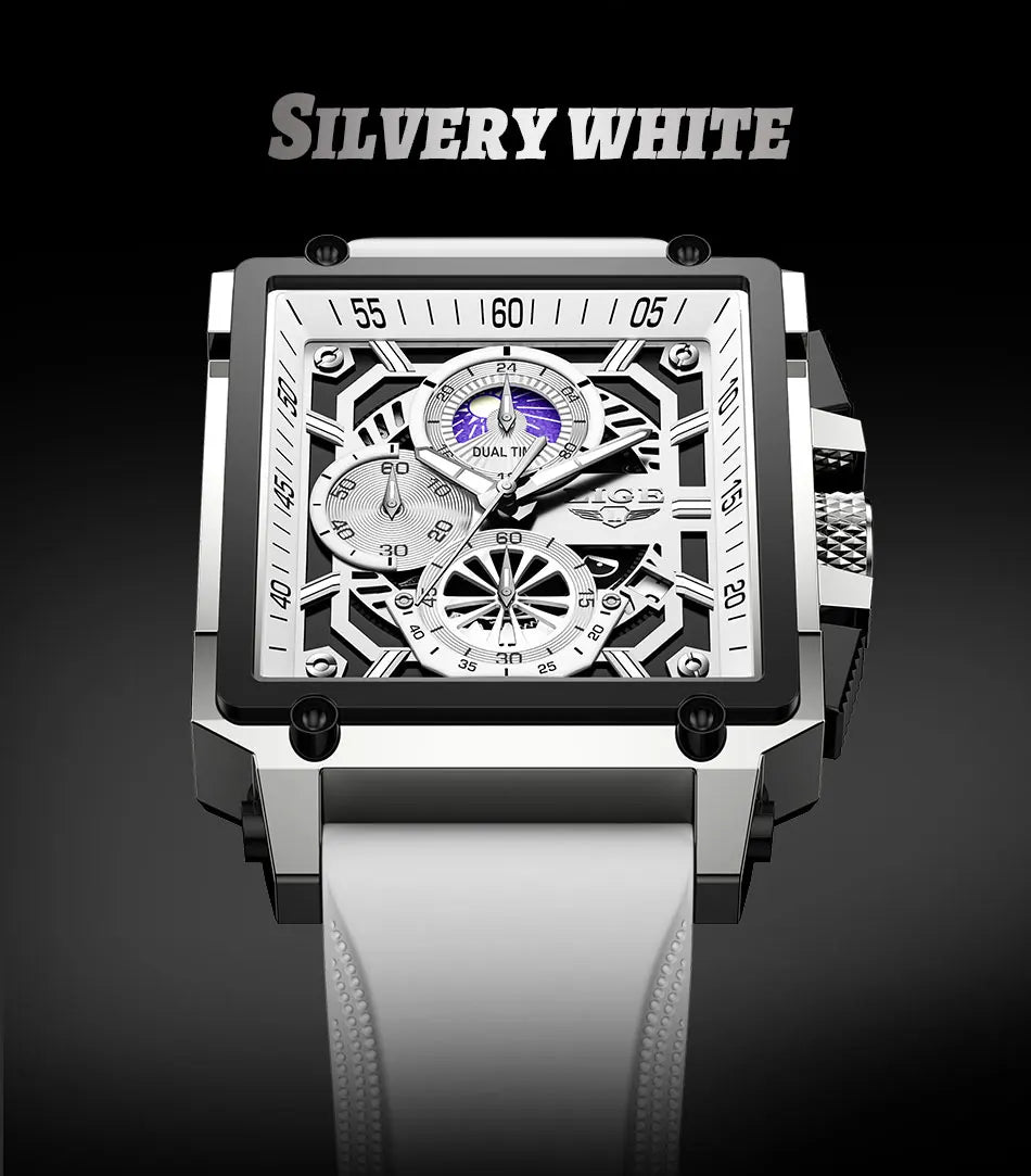 LIGE Quality Luxury Hollow Square Watch For Men with Silicone Strap - Waterproof, Quartz Clockwork+Box