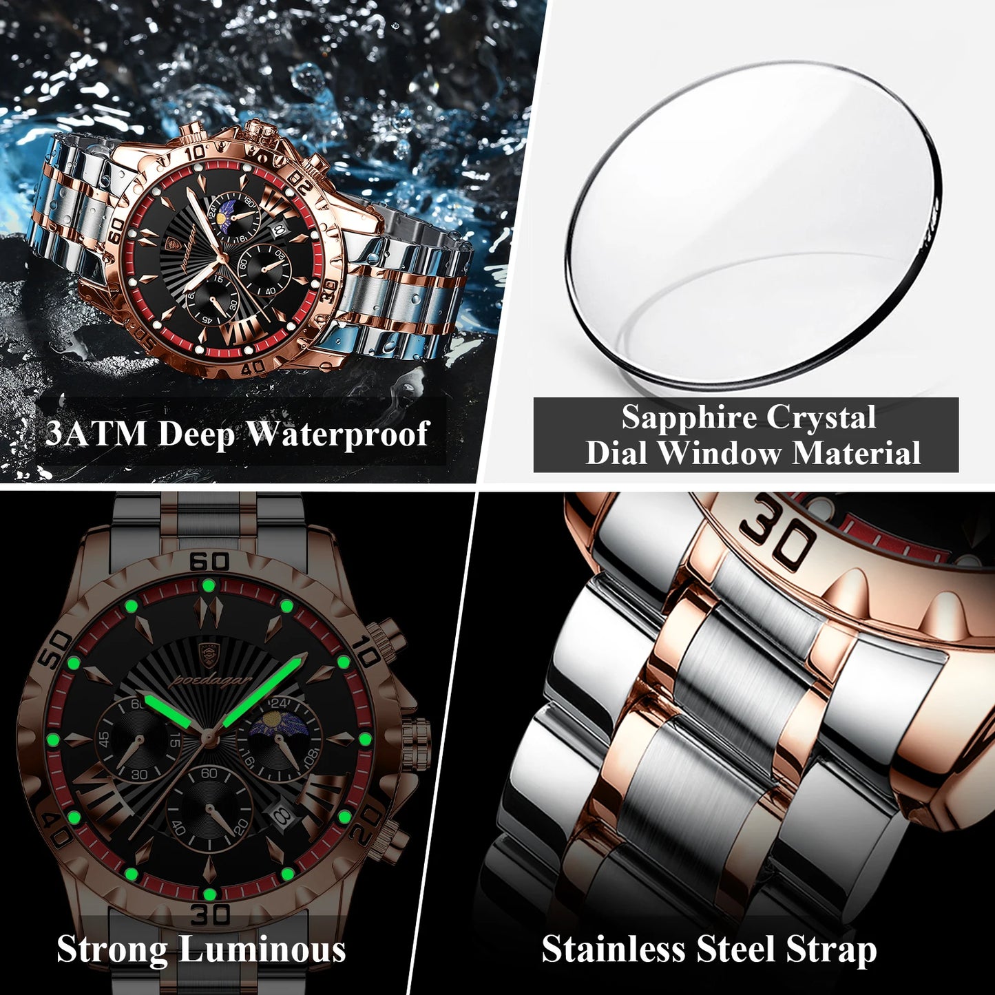 POEDAGAR Luxury Stainless Steel Quartz Chronograph Watch - Waterproof, Luminous, Date And Box