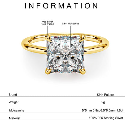 Kirin Palace 5mm Princess Cut Moissanite VVS1 D Colour Ring With s925 Sterling Sliver Plated Or 18k Yellow Gold