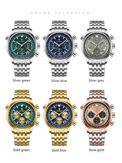 POEDAGAR Luxury Men Stainless Steel Chronograph Quartz Watch - Waterproof, Date & Luminous With Box