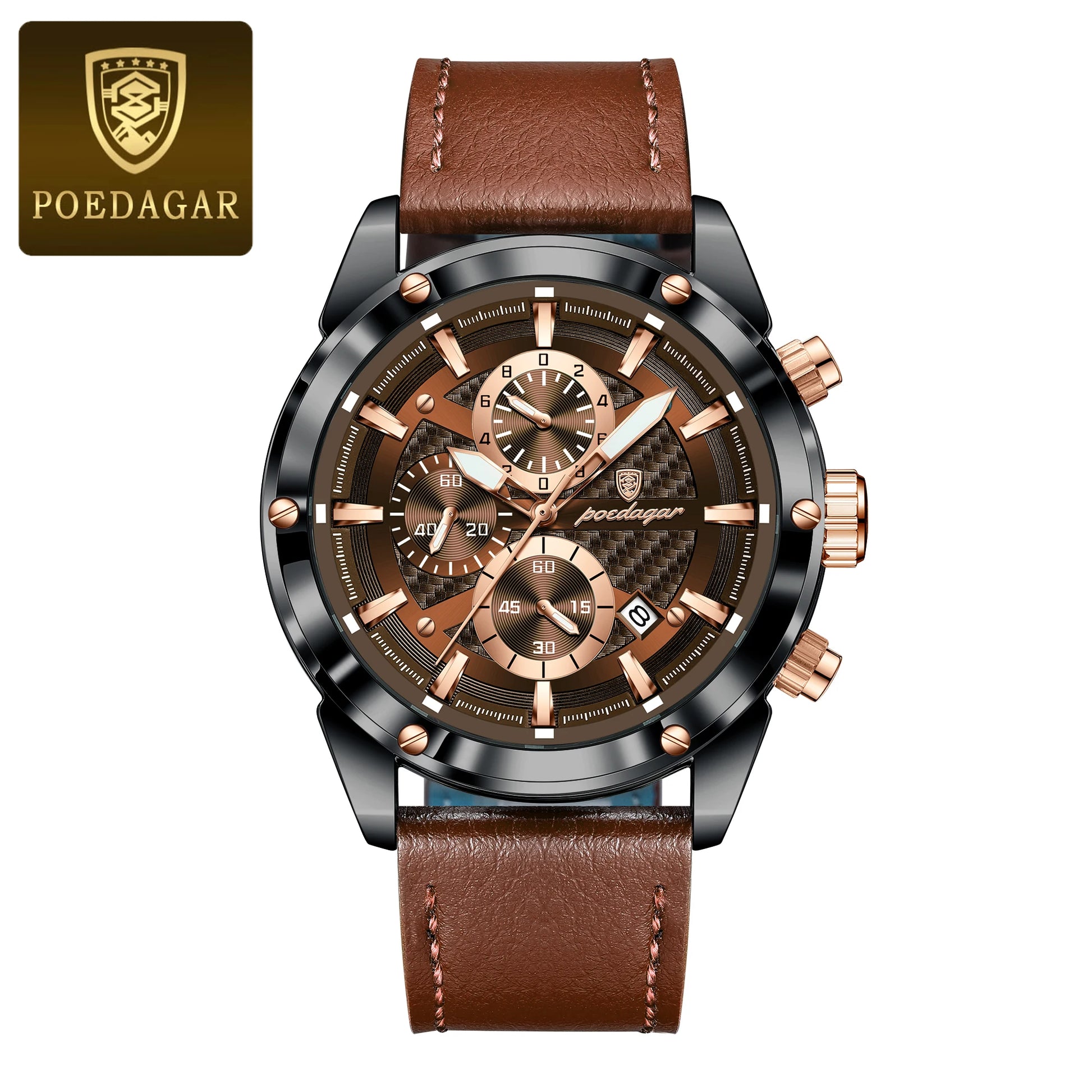 POEDAGAR Luxury Leather Band Quartz Chronograph Watch - Waterproof, Luminous, Date And Box