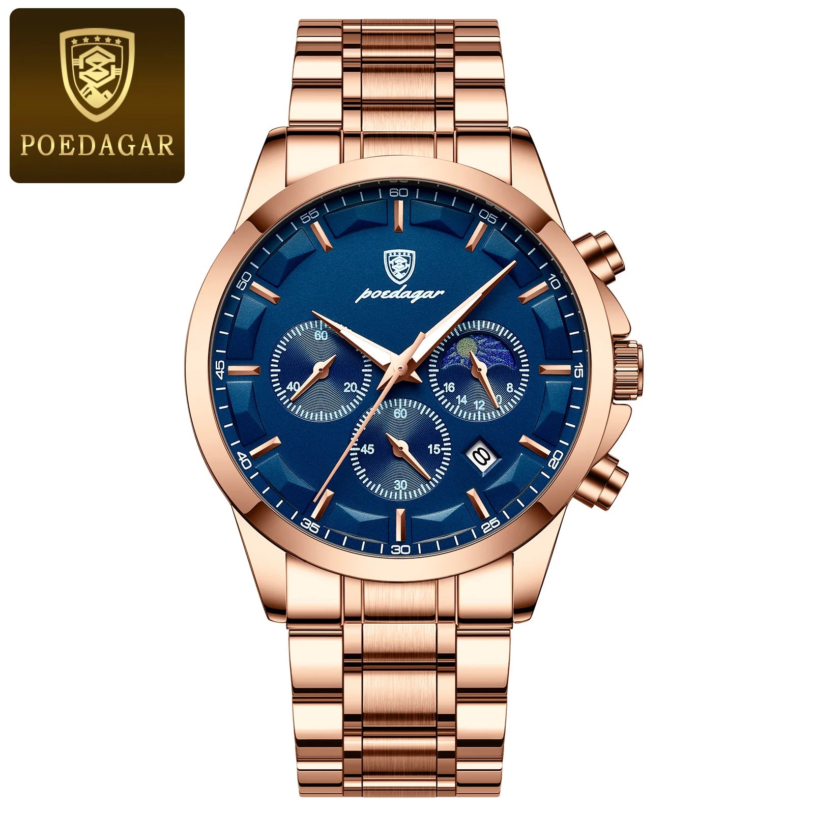 POEDAGAR Luxury Stainless Steel Quartz Chronograph Watch - Waterproof, Luminous, Date And Box