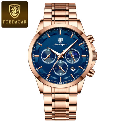 POEDAGAR Luxury Stainless Steel Quartz Chronograph Watch - Waterproof, Luminous, Date And Box