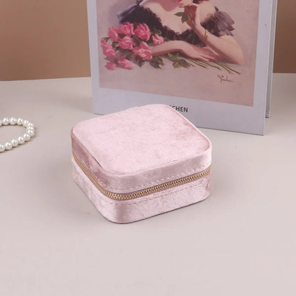 Small Square Portable Flannelette Travel Jewelry Box In Pink. Green, Blue, Light Blue, Red & Grey