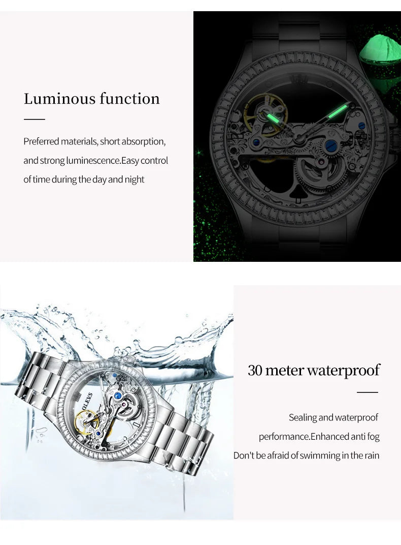 OLEVS Luxury Silver Fully Hollow Out Mechanical Watch for with Diamond