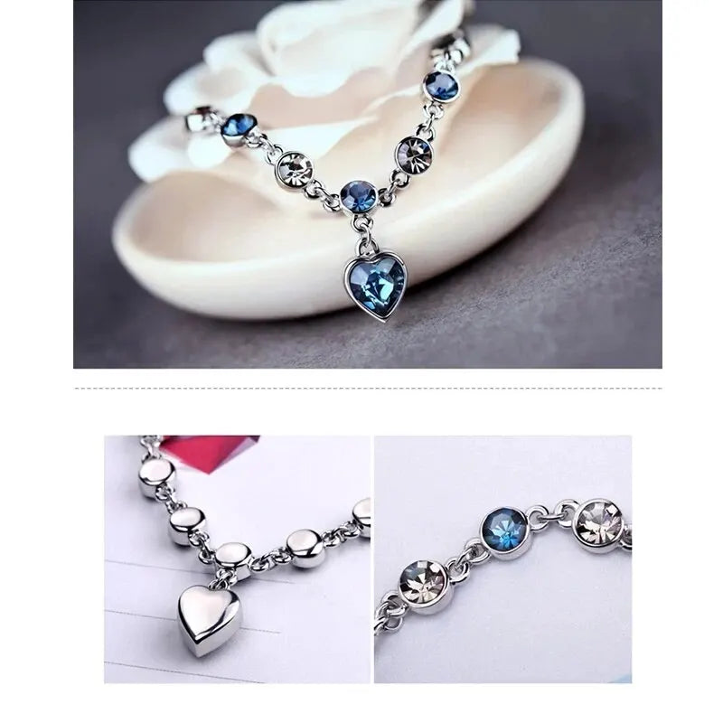 Silver Color Lucky Bracelet With Blue Crystal Heart Charm for Women