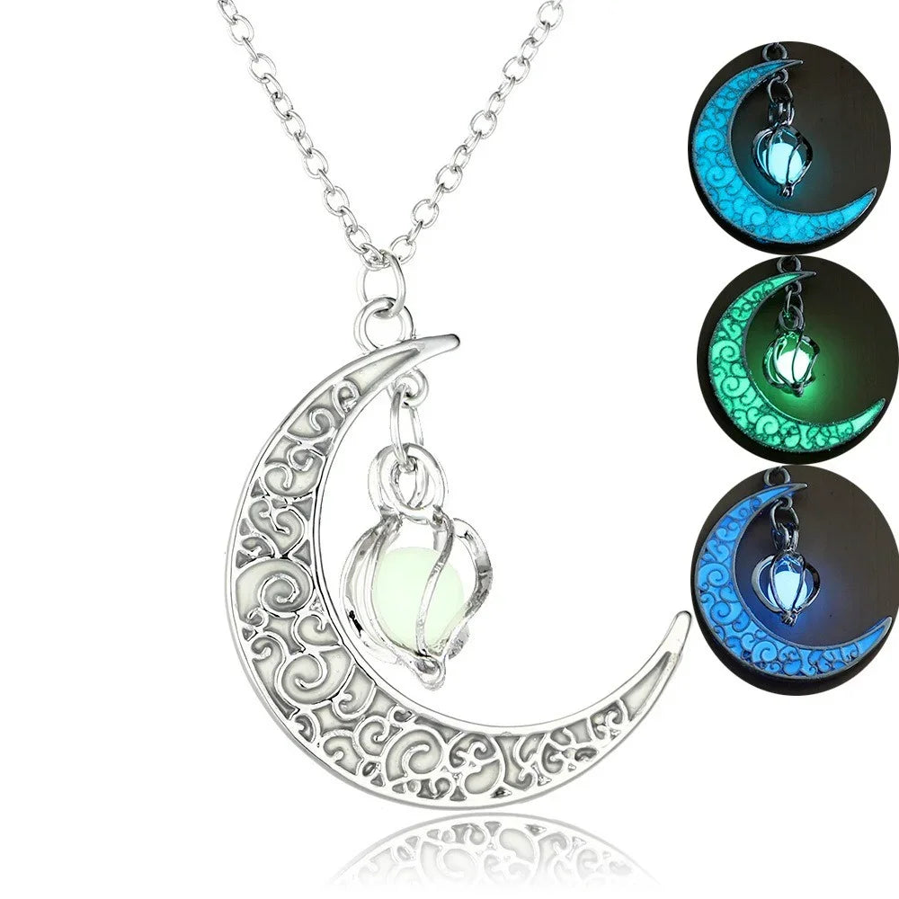 LossTower Night Fluorescence Glowing Hollow Cage & Moon Star Pendant