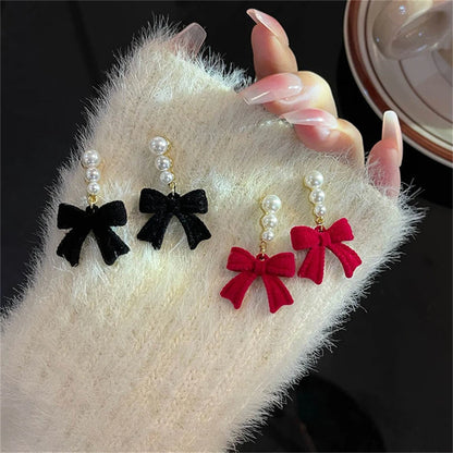 Lea Seoul Red & Black Cloth Bowtie With Pearl Earrings