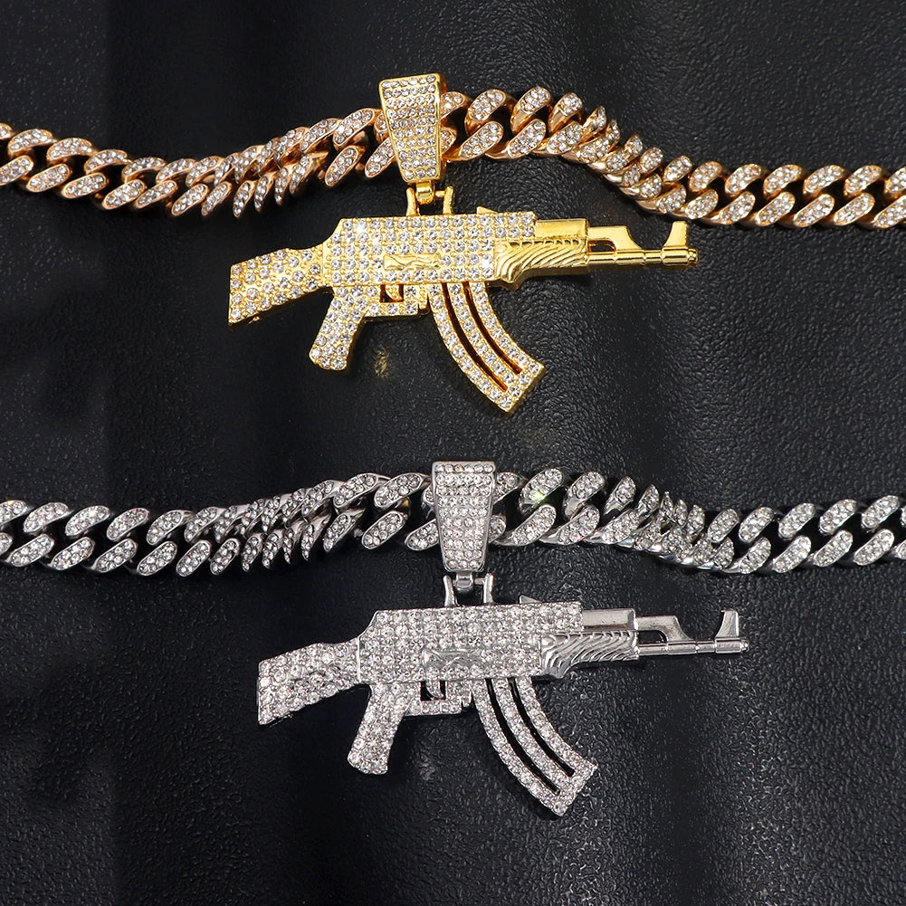 ESTRELLADEMAR Iced Out Crystal AK47 Gun Pendant With Chain Or Cuban Necklace